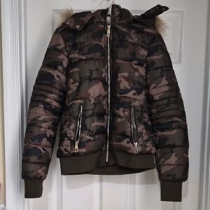 Camo Puffer Jacket with Fur Hood